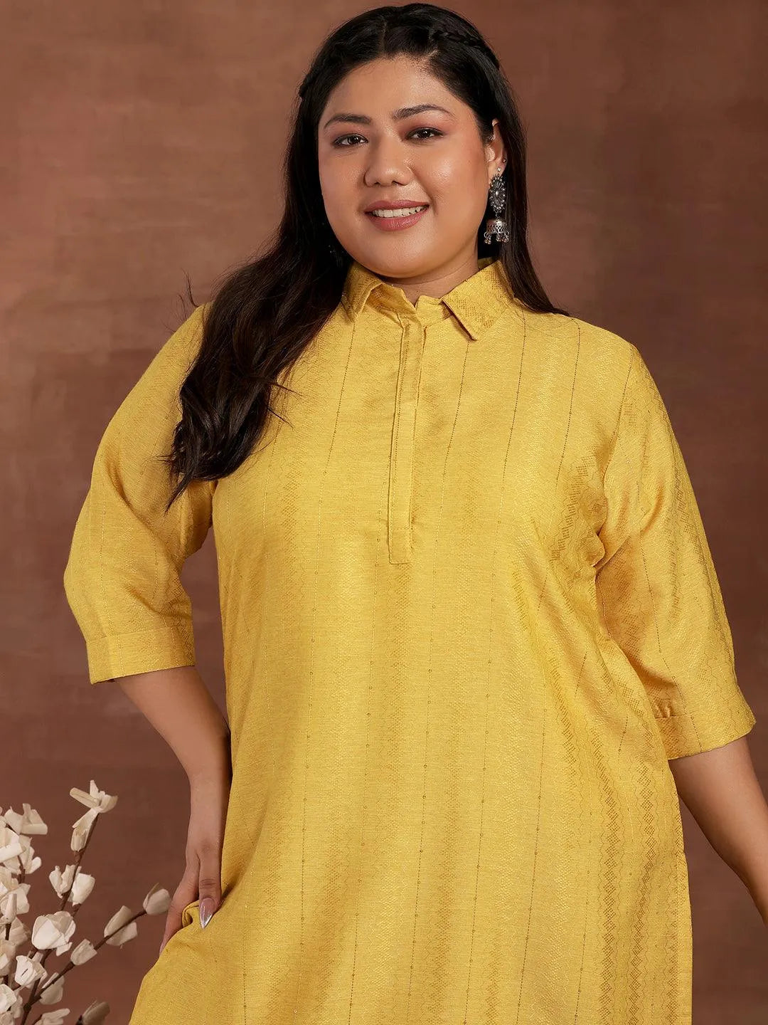 Plus Size Yellow Woven Design Cotton Kurta - Libas 