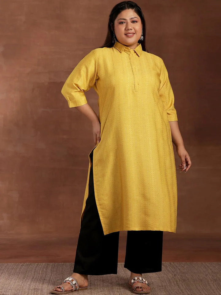Plus Size Yellow Woven Design Cotton Kurta - Libas