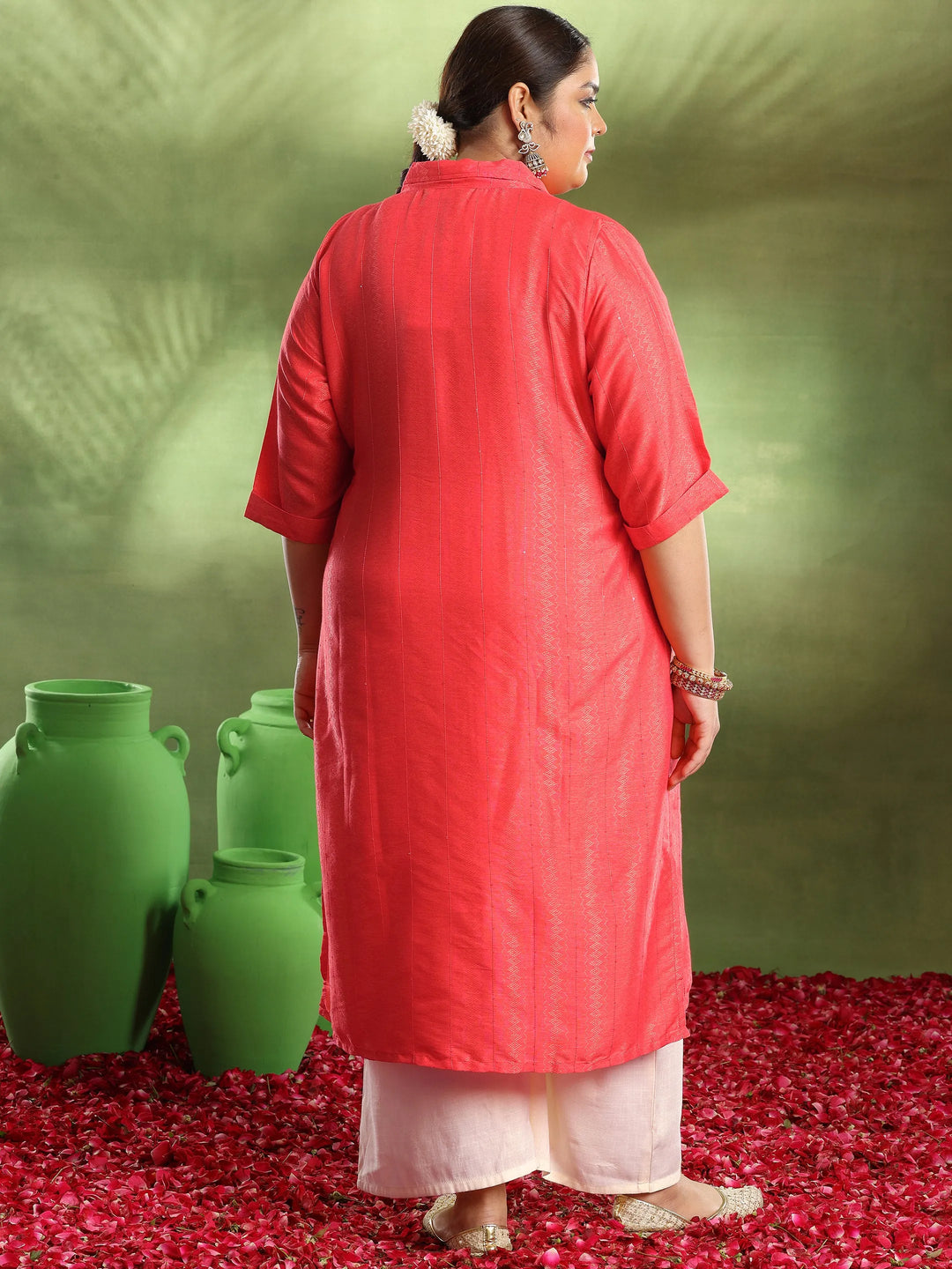 Plus Size Coral Woven Design Cotton Kurta 