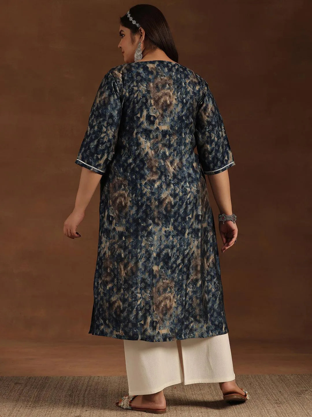 Plus Size Navy Blue Yoke Design Silk Straight Kurta - Libas 