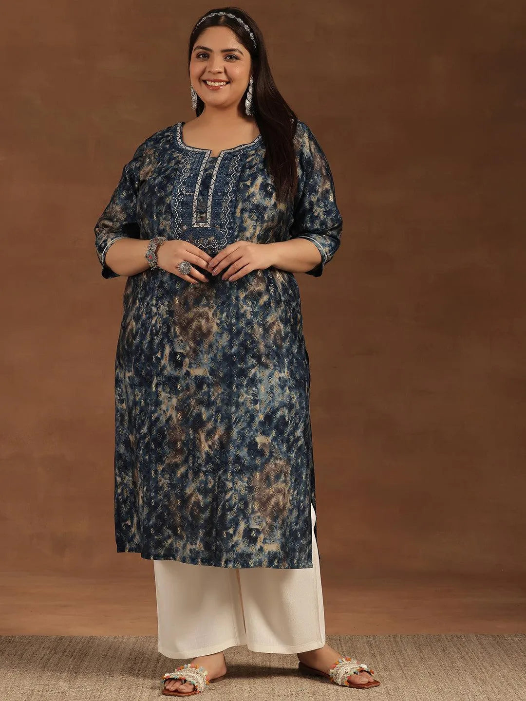 Plus Size Navy Blue Yoke Design Silk Straight Kurta - Libas 