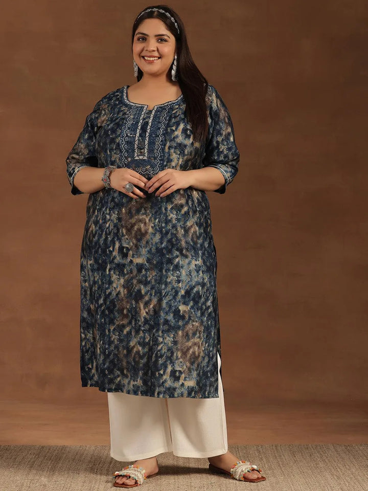 Plus Size Navy Blue Yoke Design Silk Straight Kurta - Libas