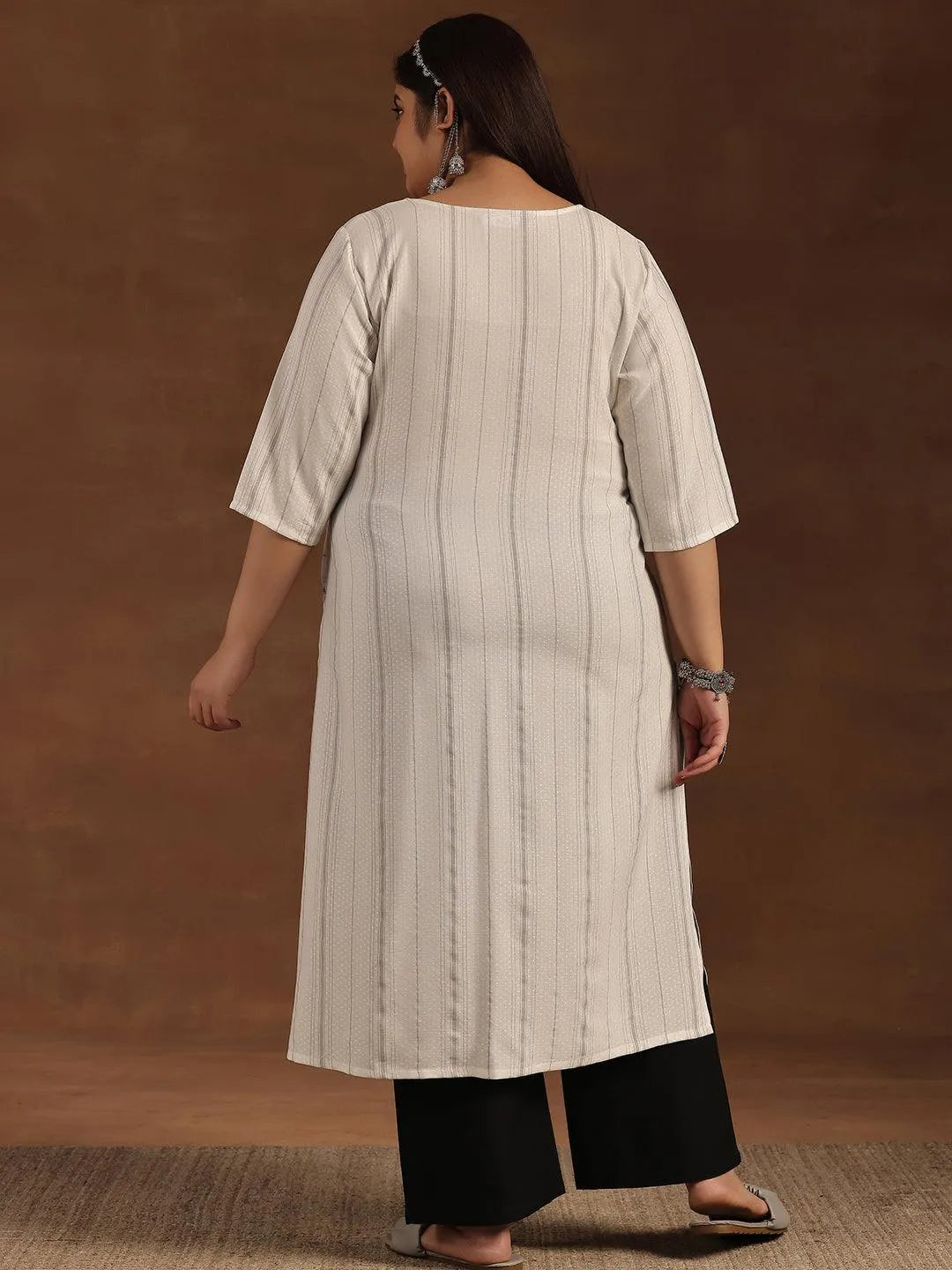 Plus Size Cream Yoke Design Rayon Straight Kurta - Libas 