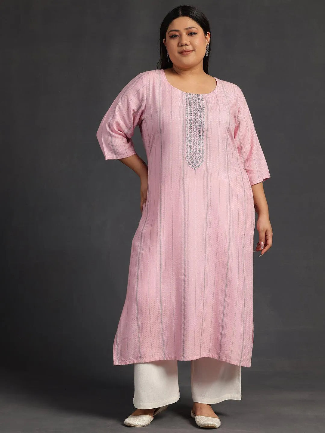 Plus Size Pink Yoke Design Rayon Straight Kurta - Libas 