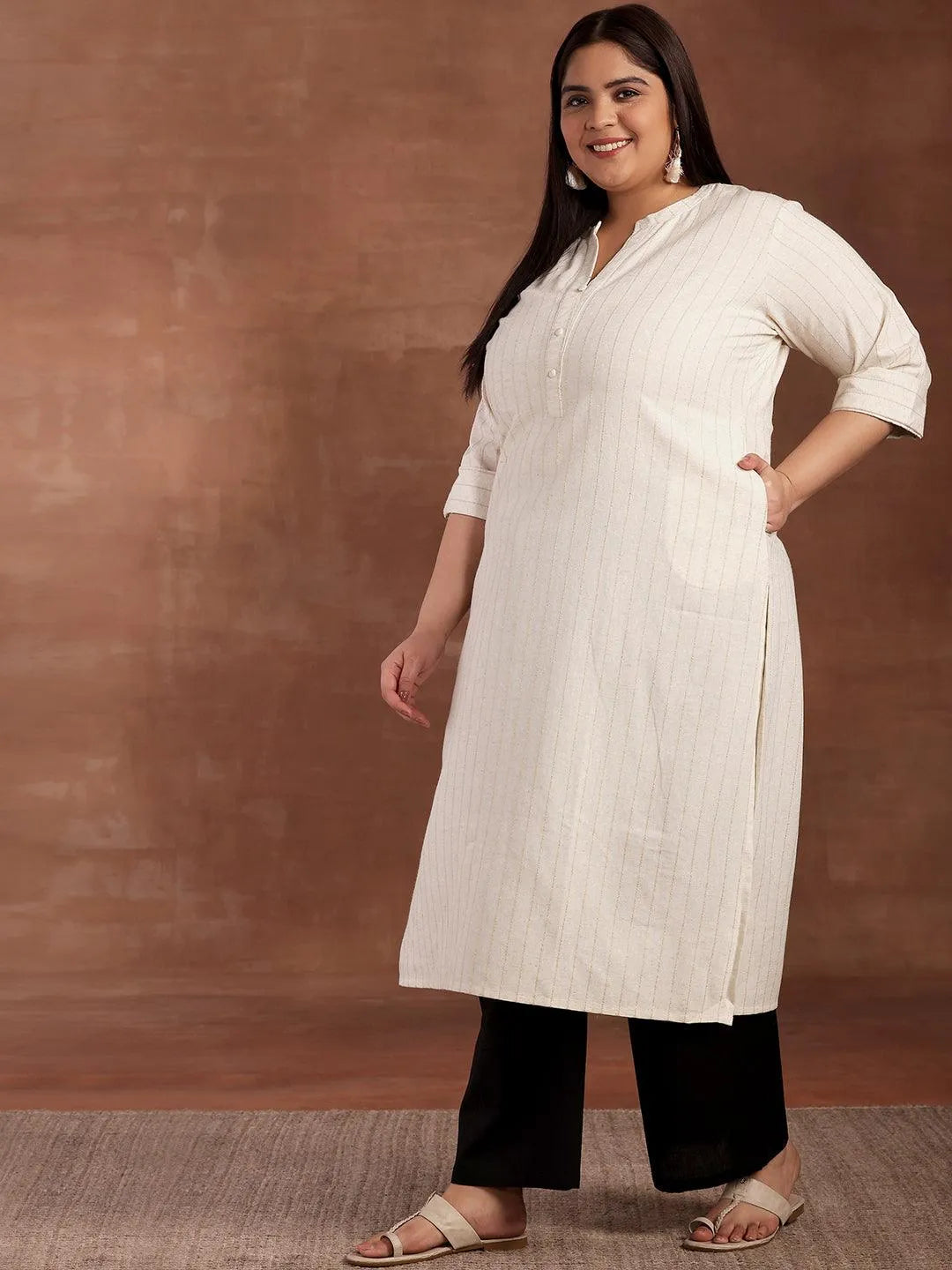 Plus Size Cream Striped Cotton Kurta - Libas 