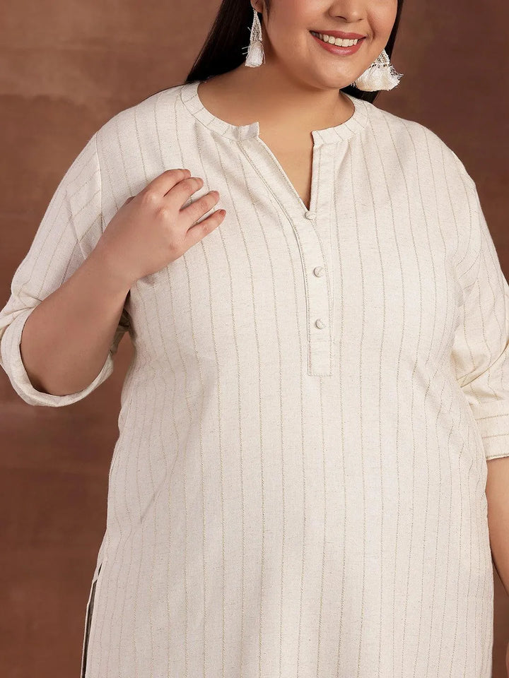 Plus Size Cream Striped Cotton Kurta - Libas
