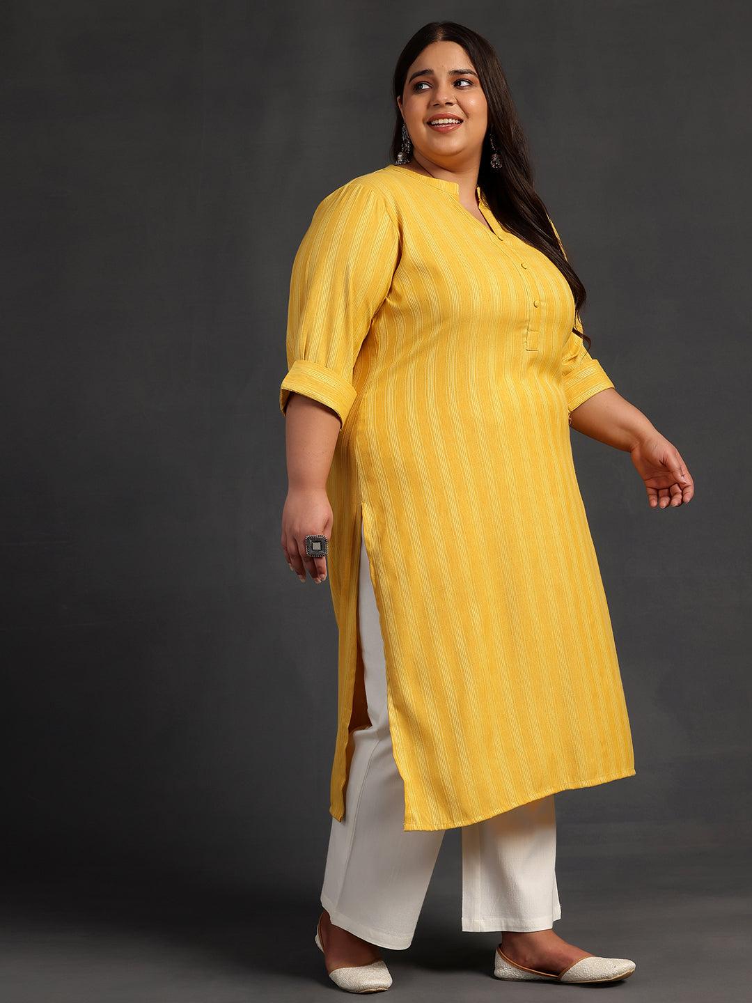 Plus Size Yellow Woven Design Rayon Straight Kurta - Libas
