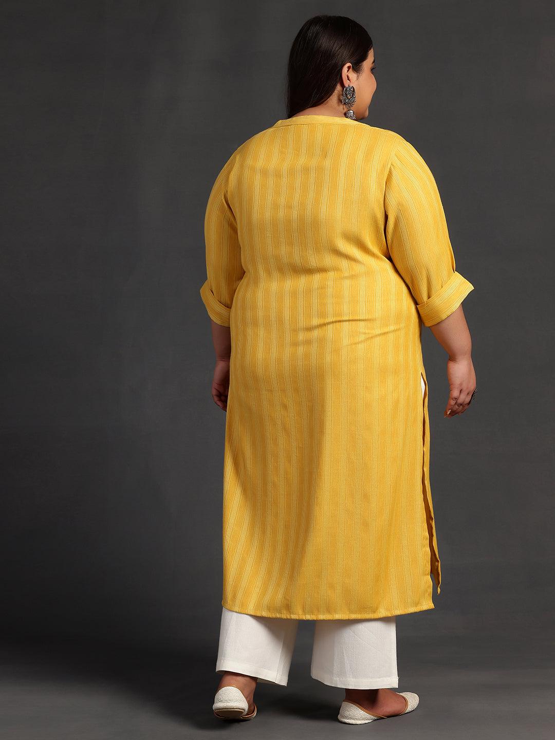Plus Size Yellow Woven Design Rayon Straight Kurta - Libas