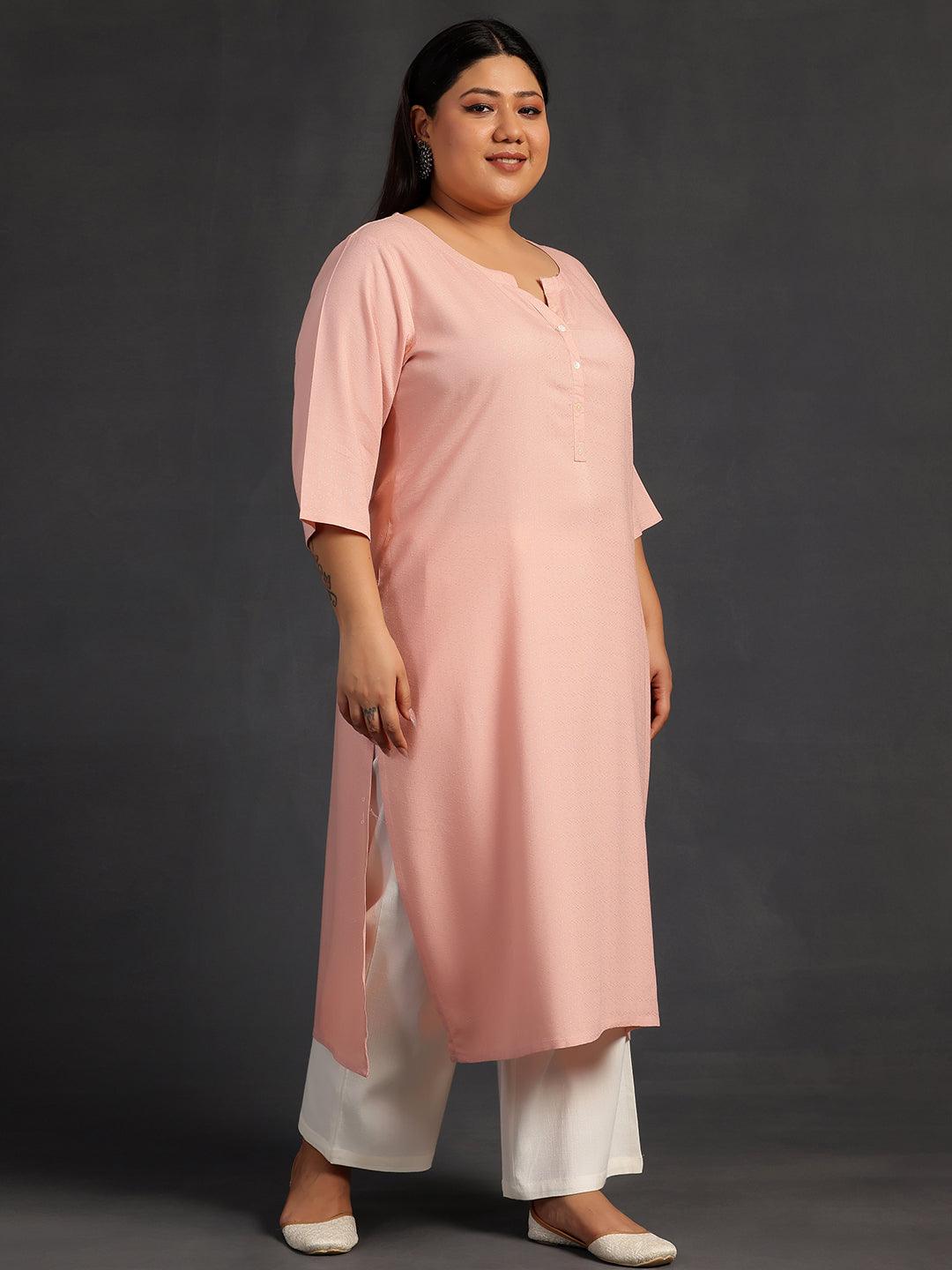 Plus Size Pink Woven Design Rayon Straight Kurta - Libas