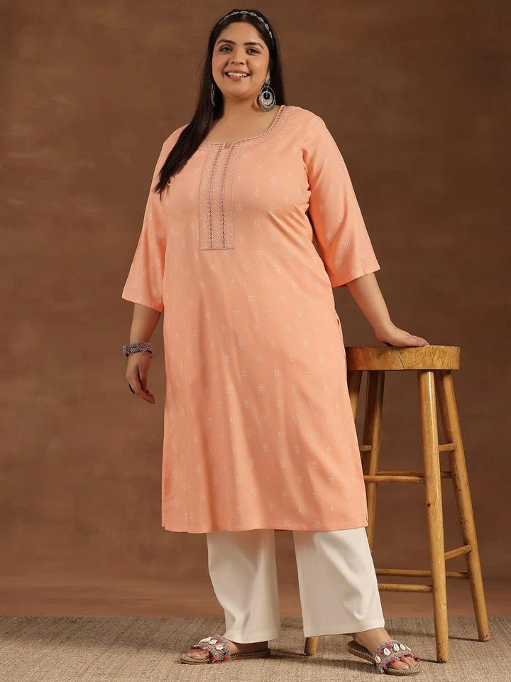 Plus Size Peach Embroidered Cotton Straight Kurta - Libas