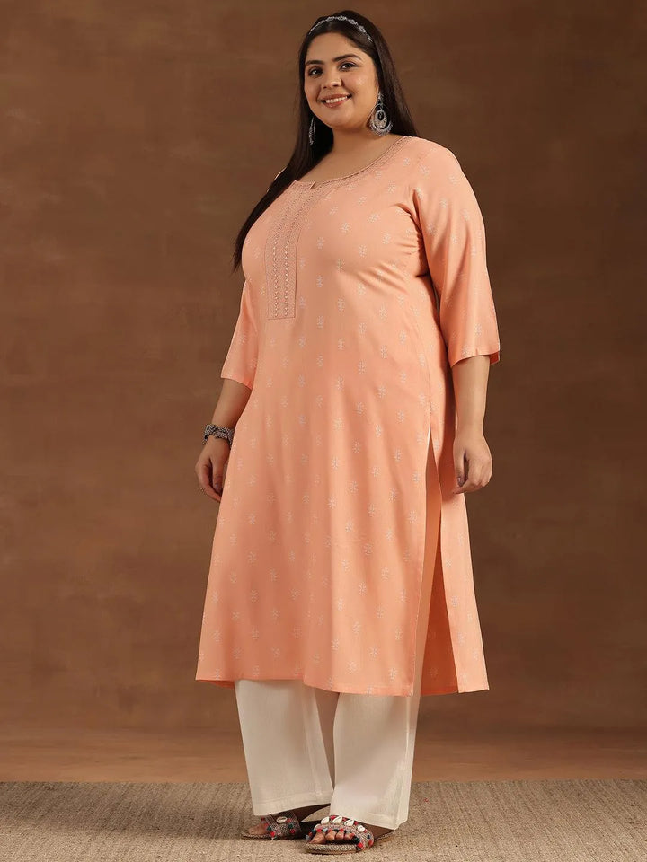 Plus Size Peach Embroidered Cotton Straight Kurta - Libas