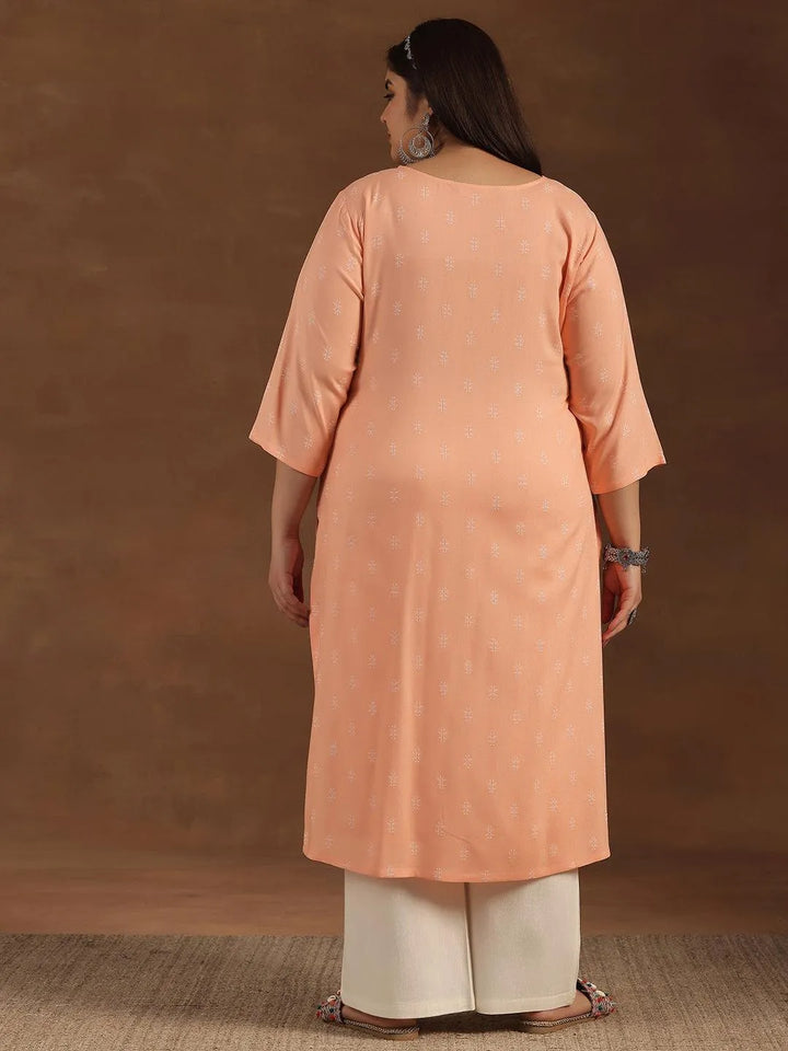 Plus Size Peach Embroidered Cotton Straight Kurta - Libas
