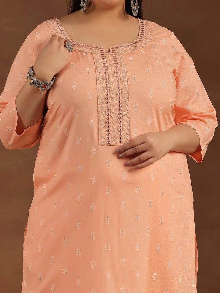 Plus Size Peach Embroidered Cotton Straight Kurta - Libas