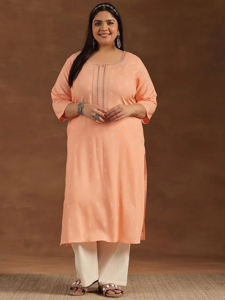 Plus Size Peach Embroidered Cotton Straight Kurta - Libas