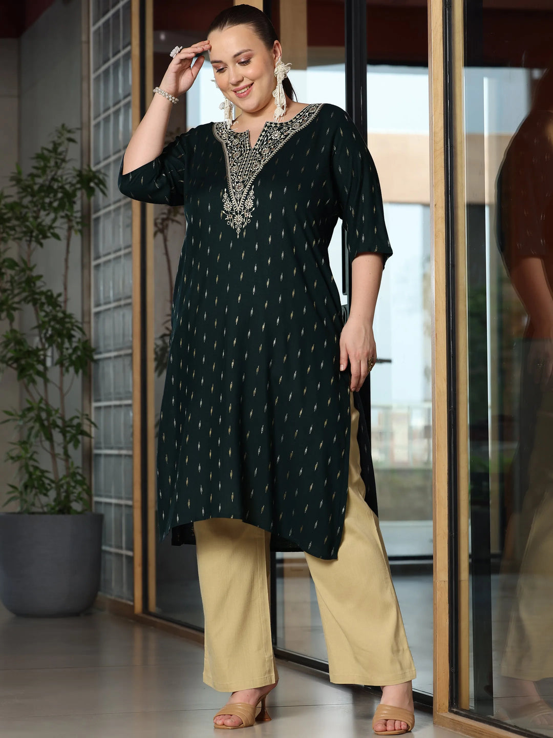  Plus Size Green Woven Design Cotton Straight Kurta 
