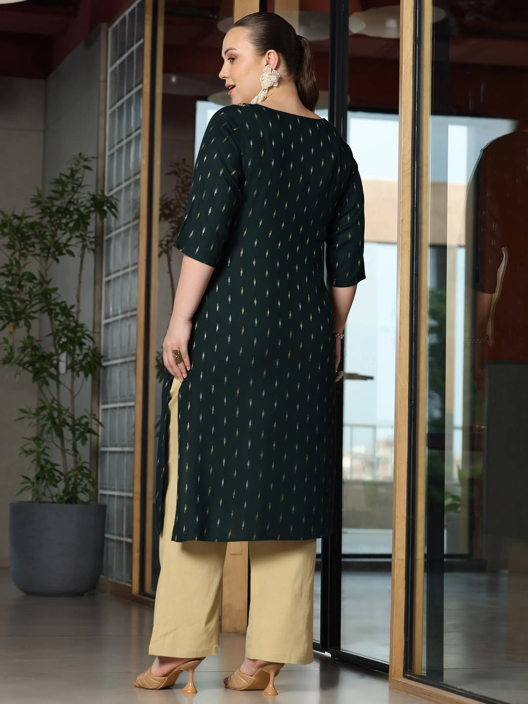  Plus Size Green Woven Design Cotton Straight Kurta 