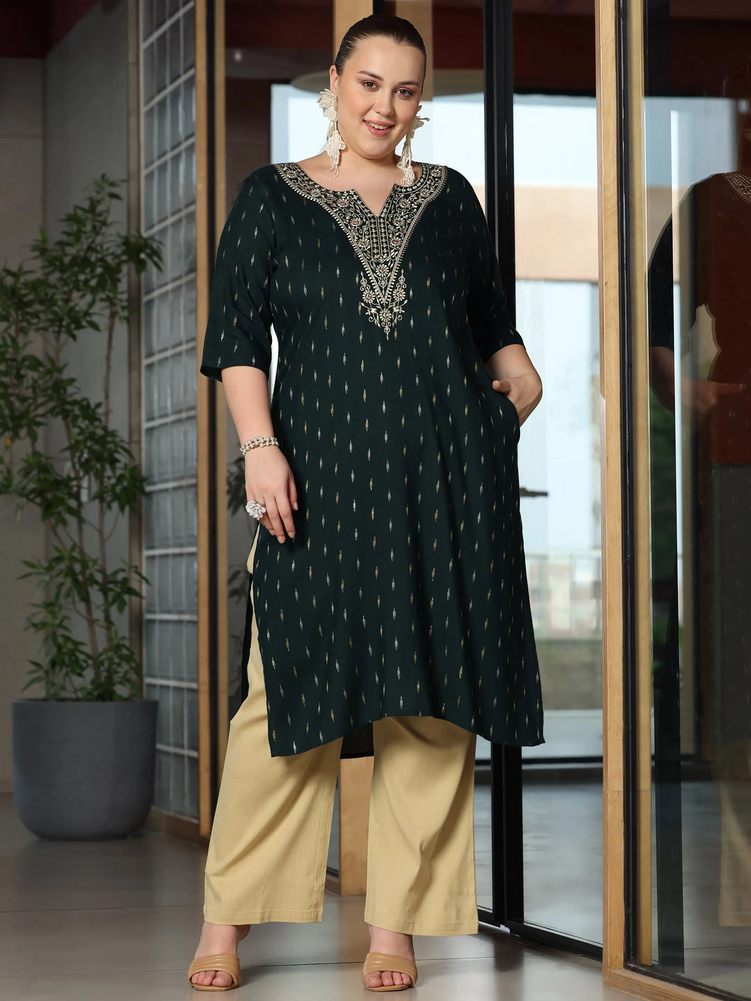  Plus Size Green Woven Design Cotton Straight Kurta 