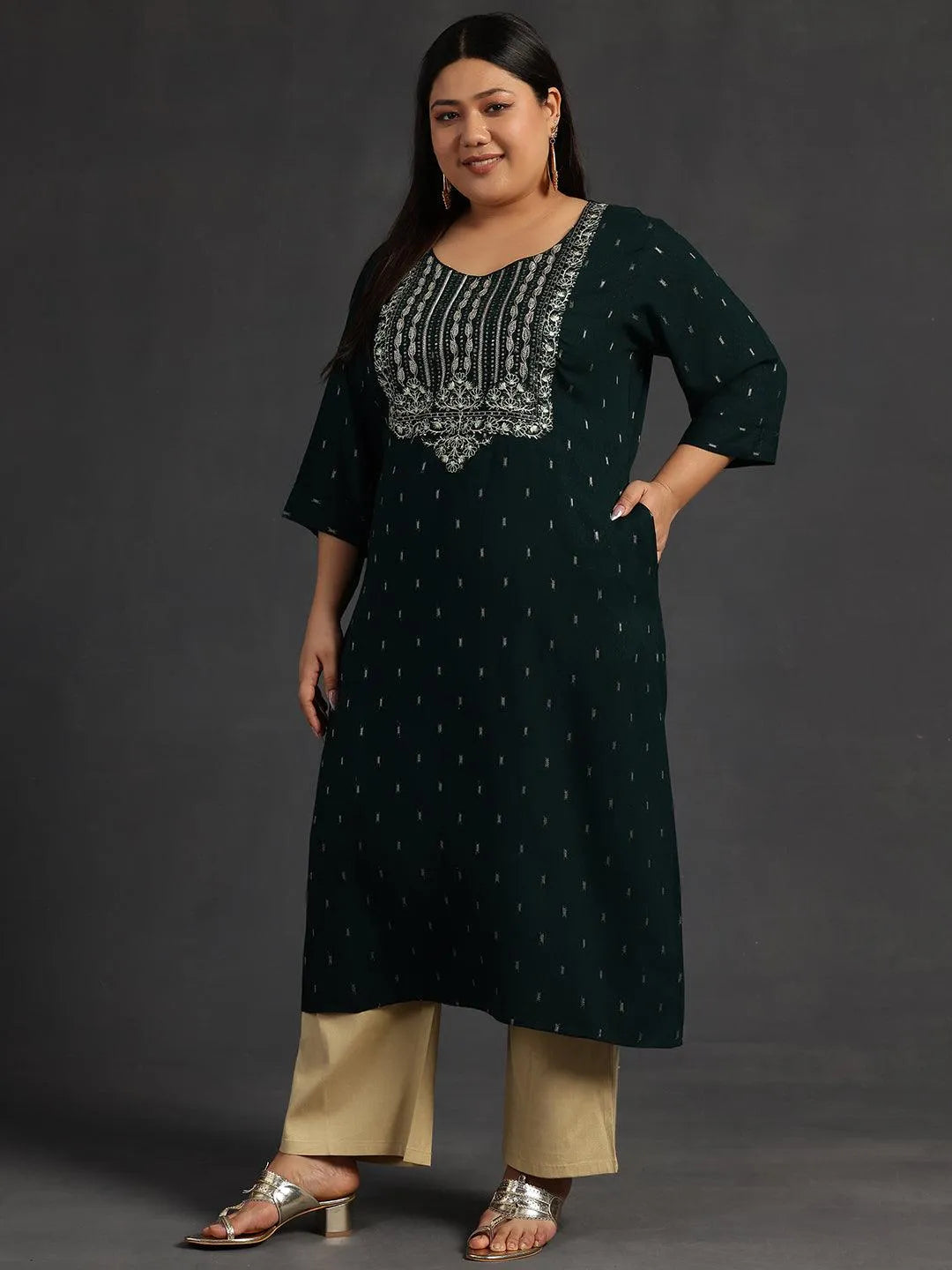 Plus Size Green Yoke Design Rayon Straight Kurta - Libas 