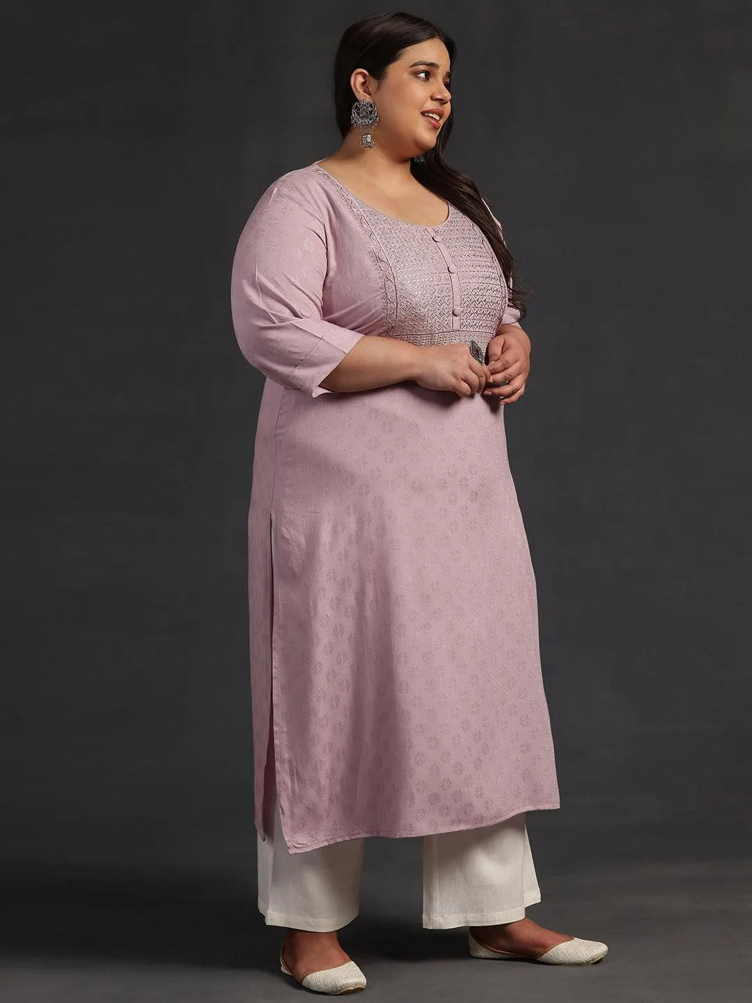 Plus Size Pink Yoke Design Rayon Straight Kurta - Libas 