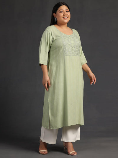 Plus Size Green Yoke Design Silk Straight Kurta - Libas