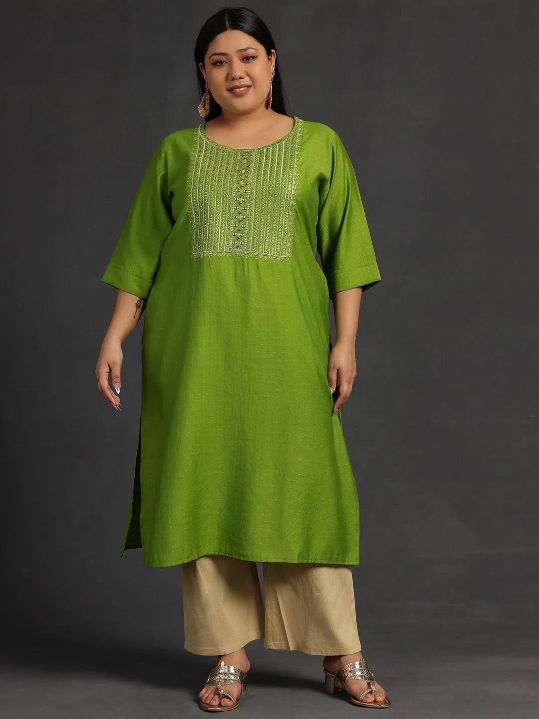 Plus Size Green Yoke Design Silk Straight Kurta - Libas 