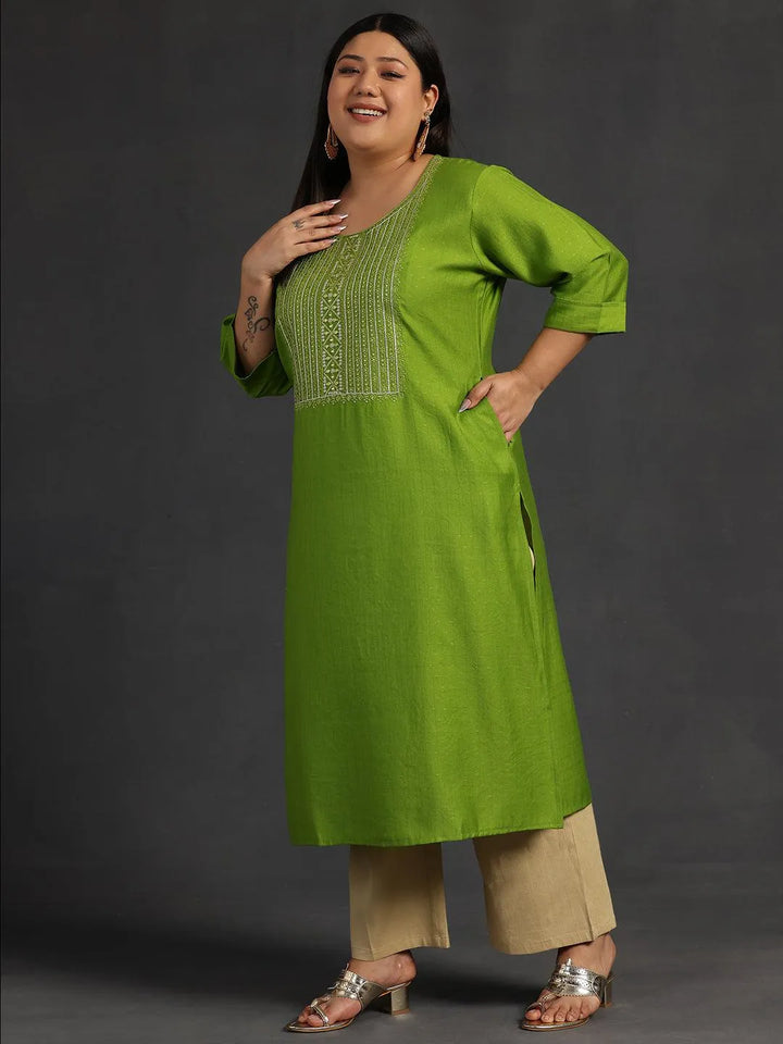 Plus Size Green Yoke Design Silk Straight Kurta - Libas