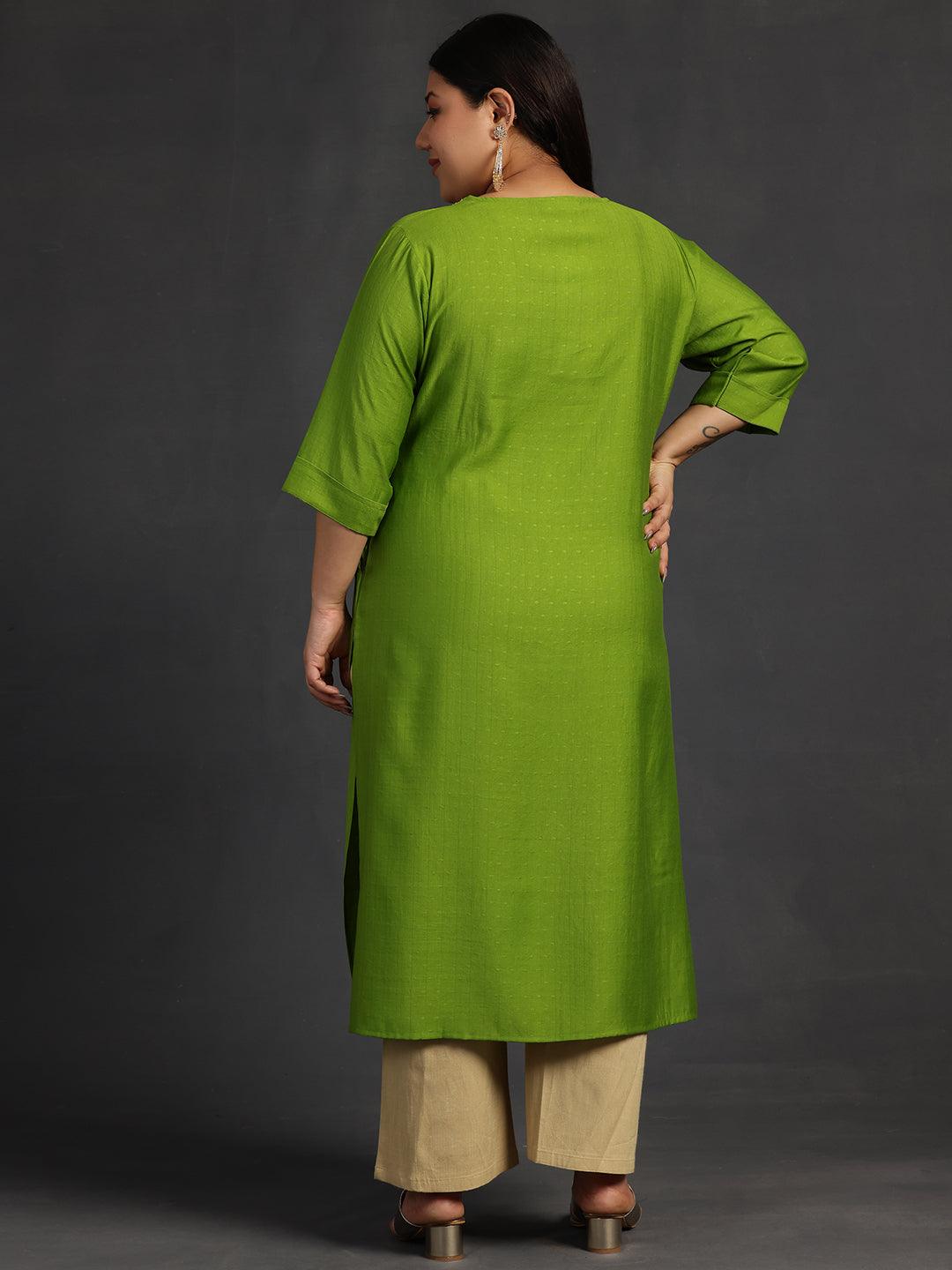 Plus Size Green Yoke Design Silk Straight Kurta