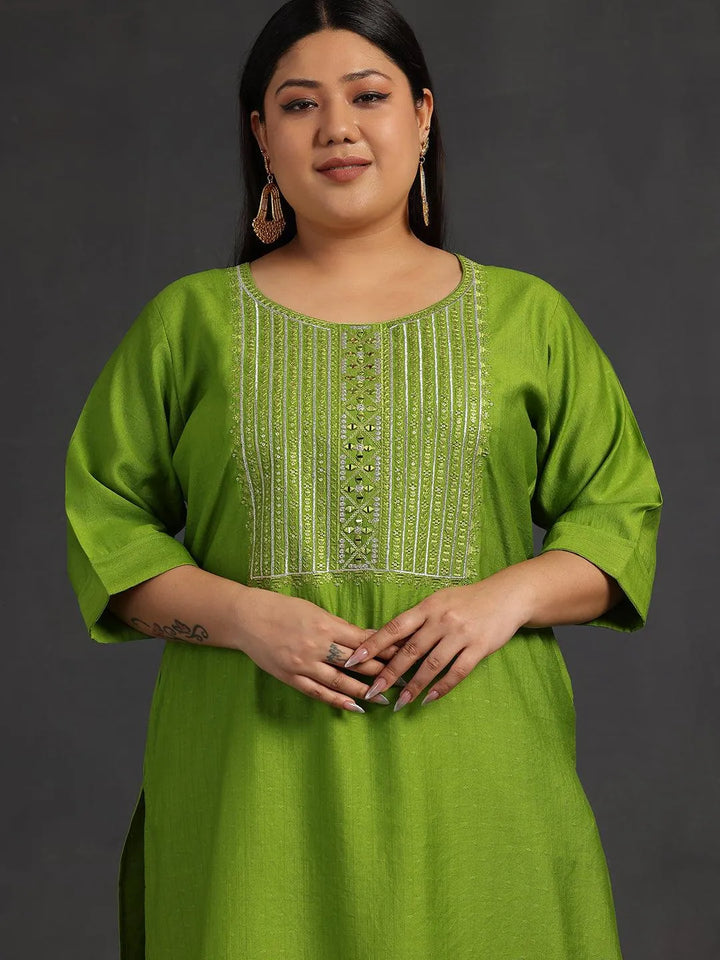 Plus Size Green Yoke Design Silk Straight Kurta - Libas