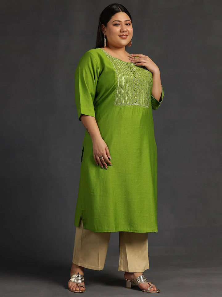 Plus Size Green Yoke Design Silk Straight Kurta - Libas