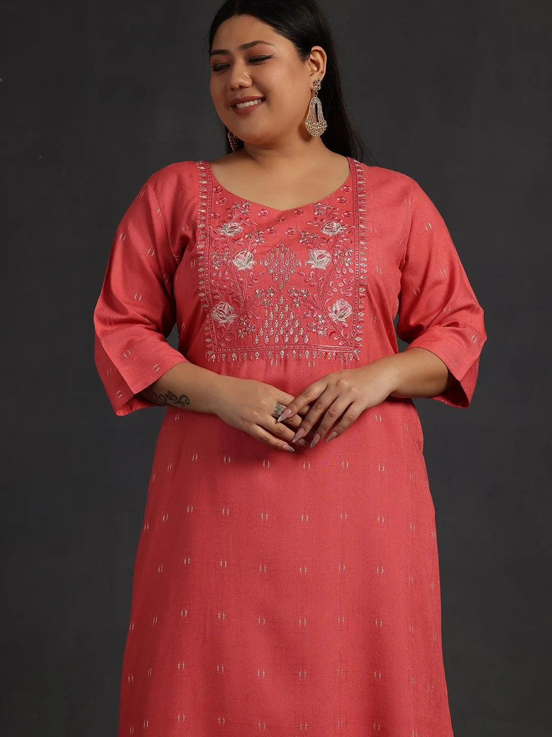 Plus Size Coral Yoke Design Silk Straight Kurta - Libas 