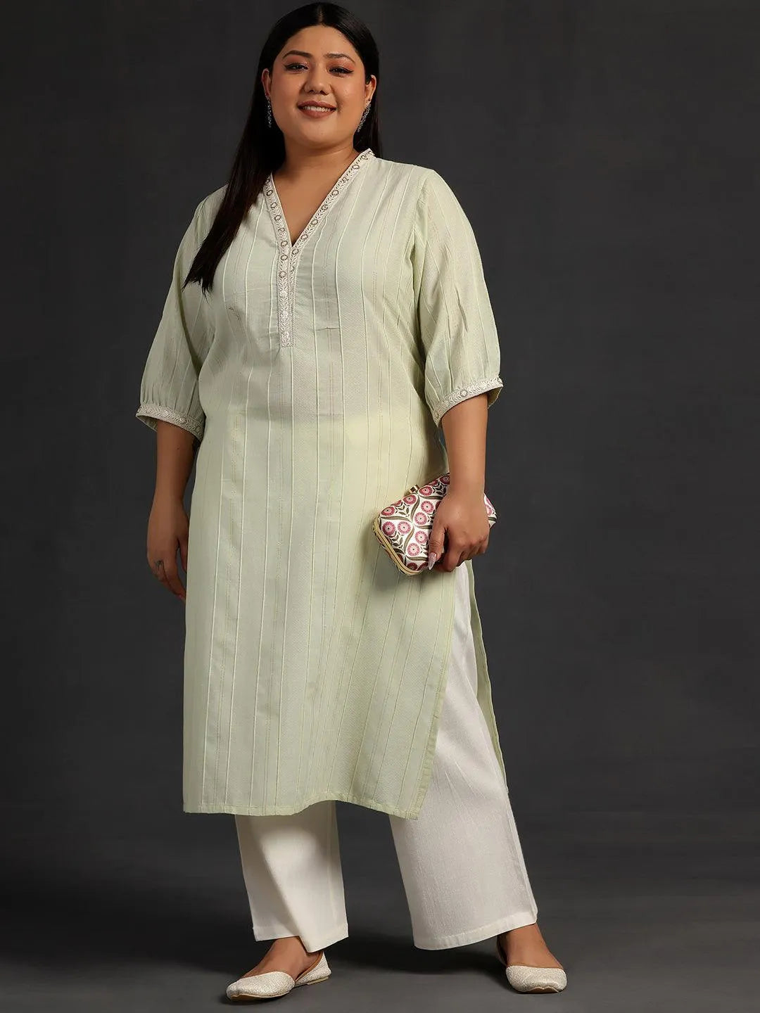 Plus Size Green Woven Design Cotton Straight Kurta - Libas 