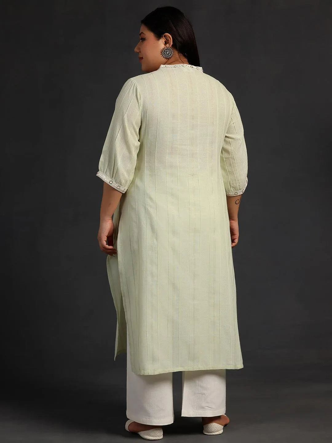 Plus Size Green Woven Design Cotton Straight Kurta - Libas 