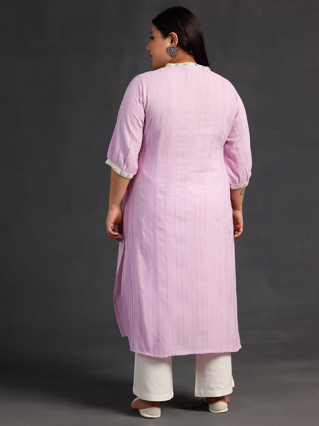 Plus Size Purple Woven Design Cotton Straight Kurta - Libas