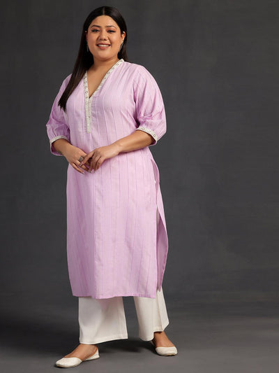 Plus Size Purple Woven Design Cotton Straight Kurta - Libas