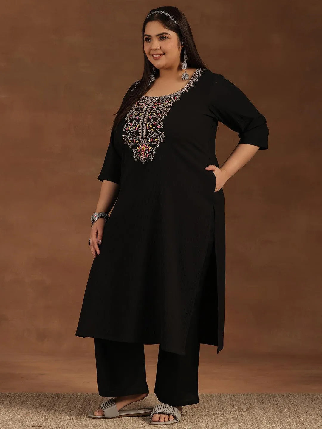 Plus Size Black Yoke Design Polyester Straight Kurta - Libas 