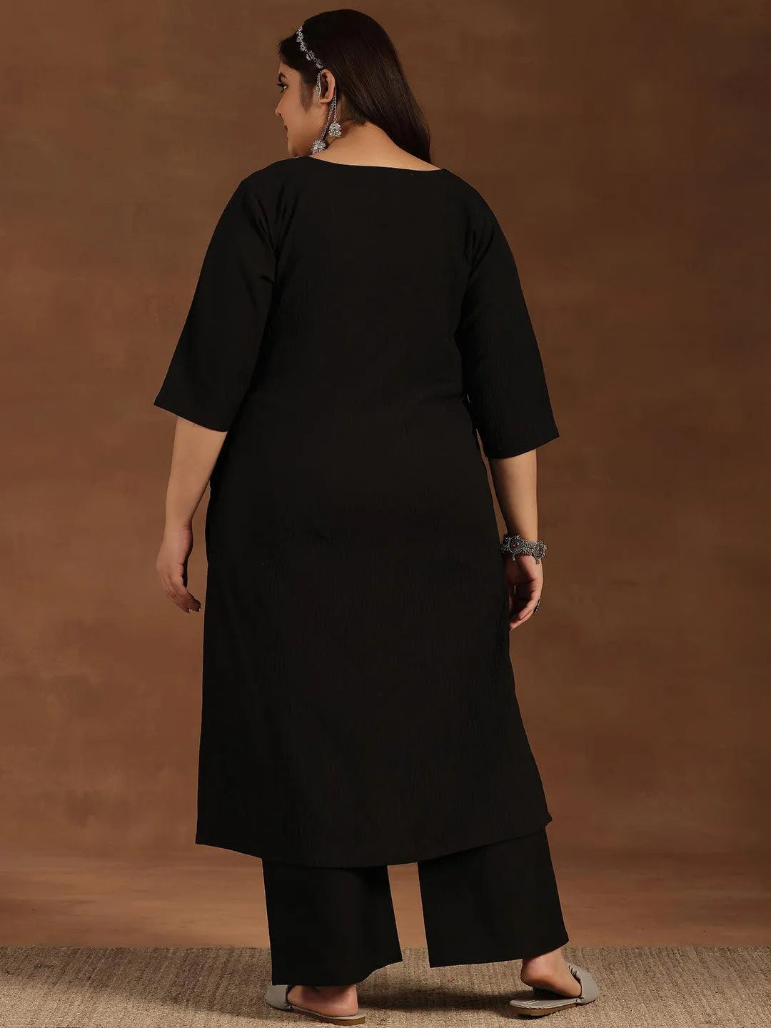 Plus Size Black Yoke Design Polyester Straight Kurta - Libas 