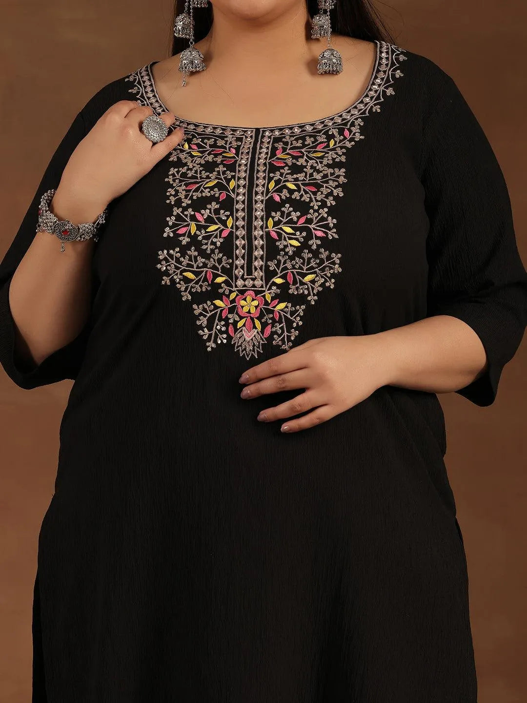 Plus Size Black Yoke Design Polyester Straight Kurta - Libas 