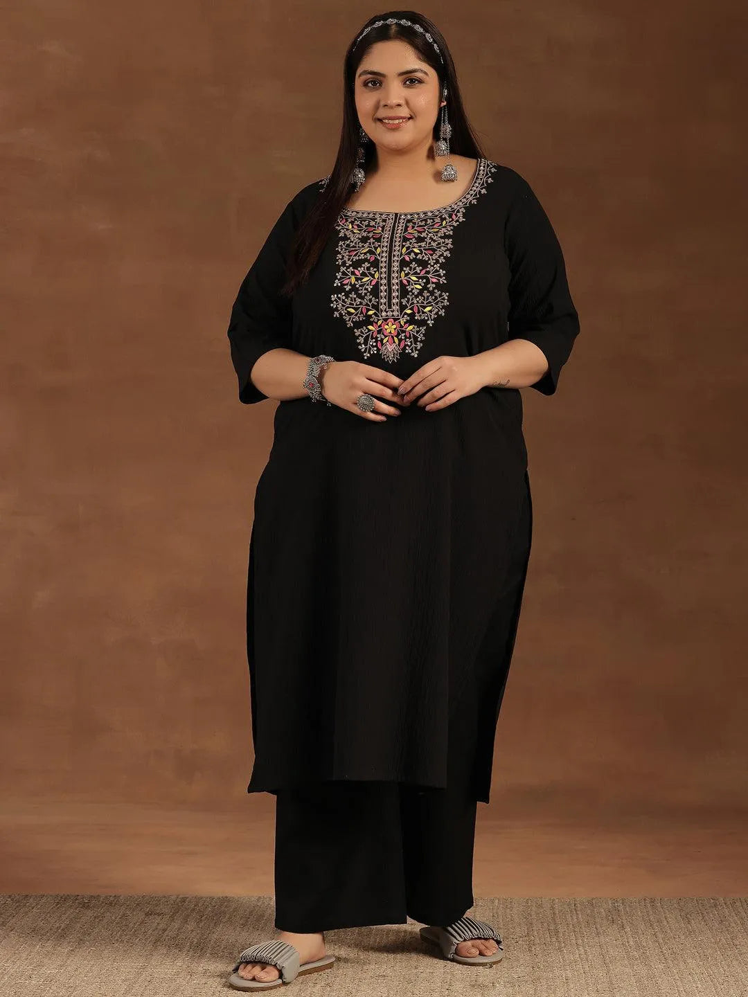 Plus Size Black Yoke Design Polyester Straight Kurta - Libas 