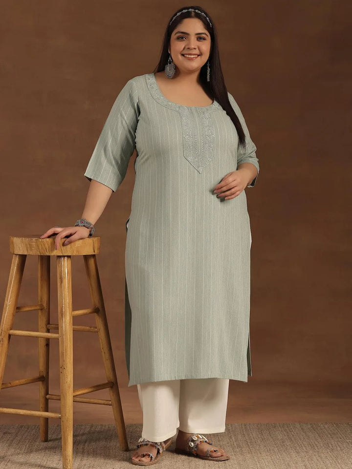 Plus Size Green Yoke Design Rayon Straight Kurta - Libas