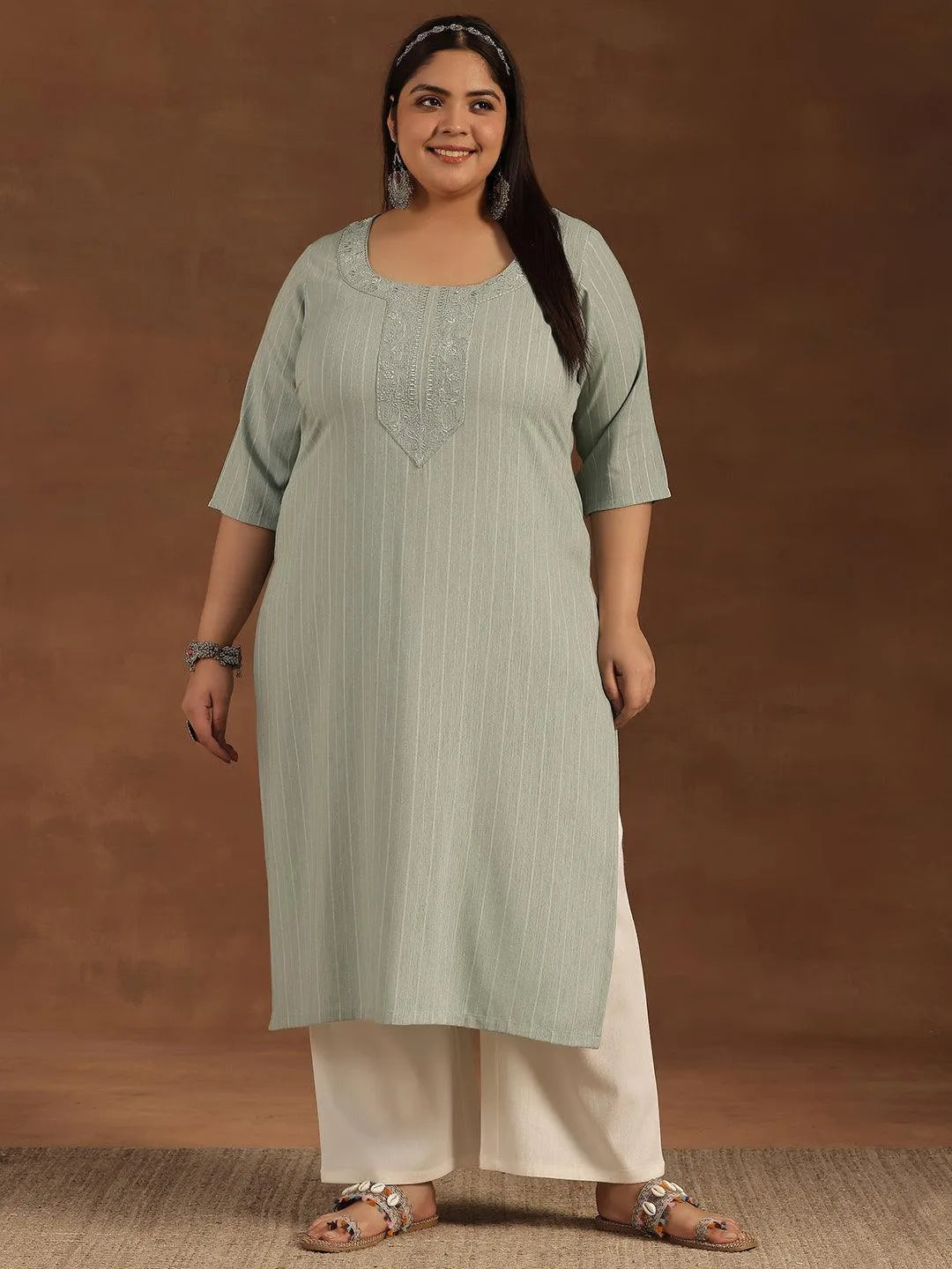 Plus Size Green Yoke Design Rayon Straight Kurta - Libas 