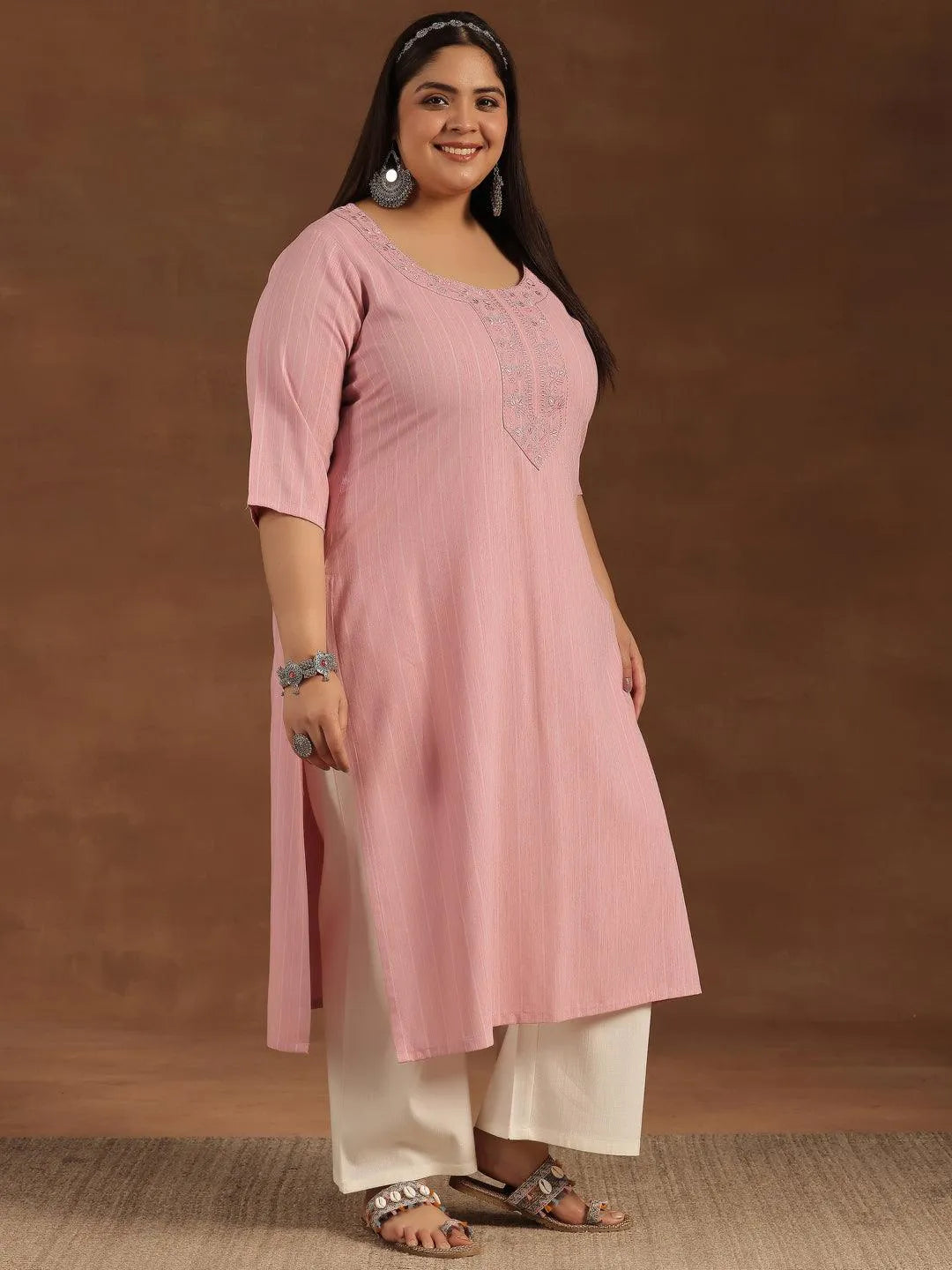 Plus Size Pink Yoke Design Rayon Straight Kurta - Libas 