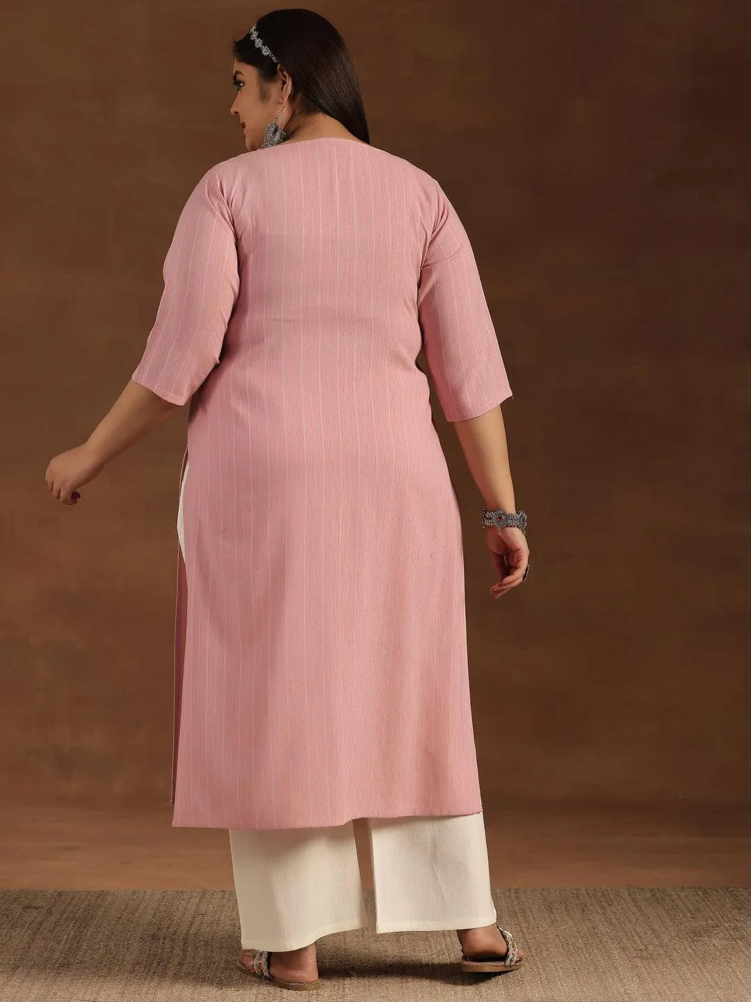 Plus Size Pink Yoke Design Rayon Straight Kurta - Libas 