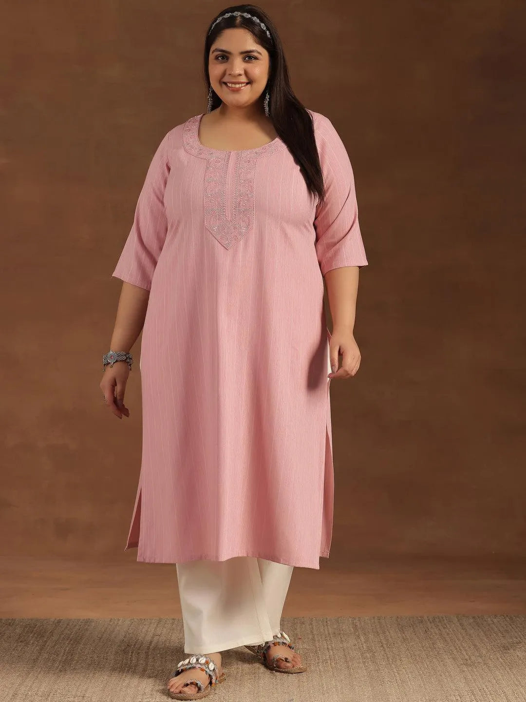 Plus Size Pink Yoke Design Rayon Straight Kurta - Libas 