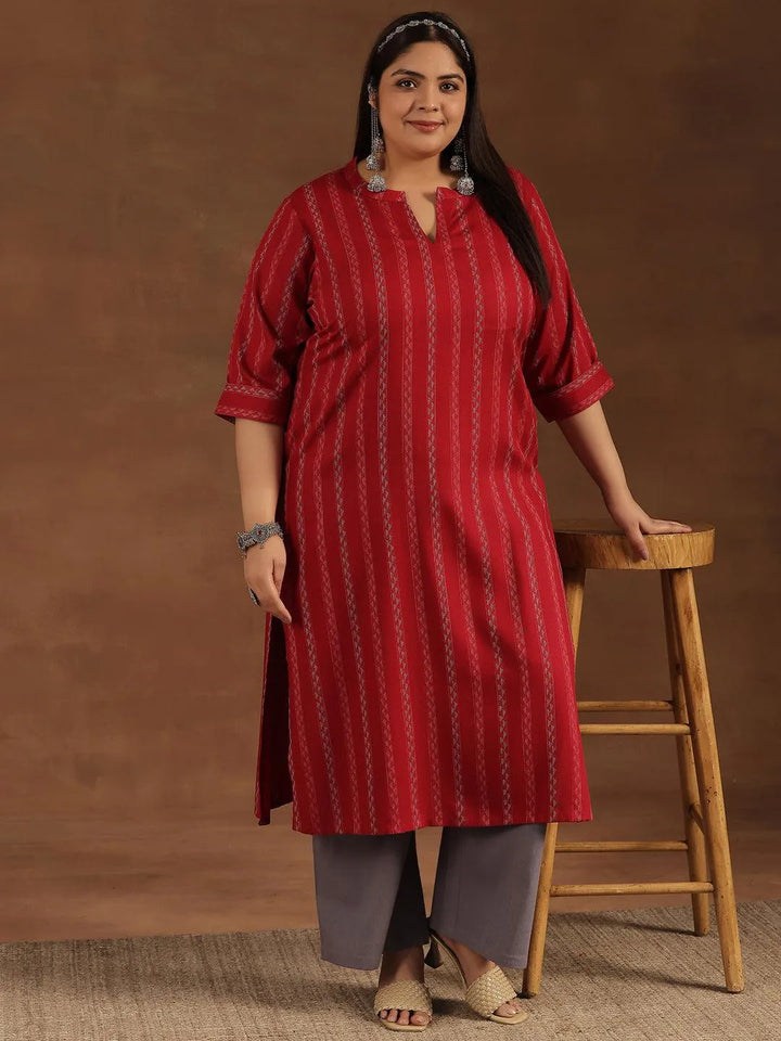 Plus Size Red Striped Rayon Straight Kurta - Libas
