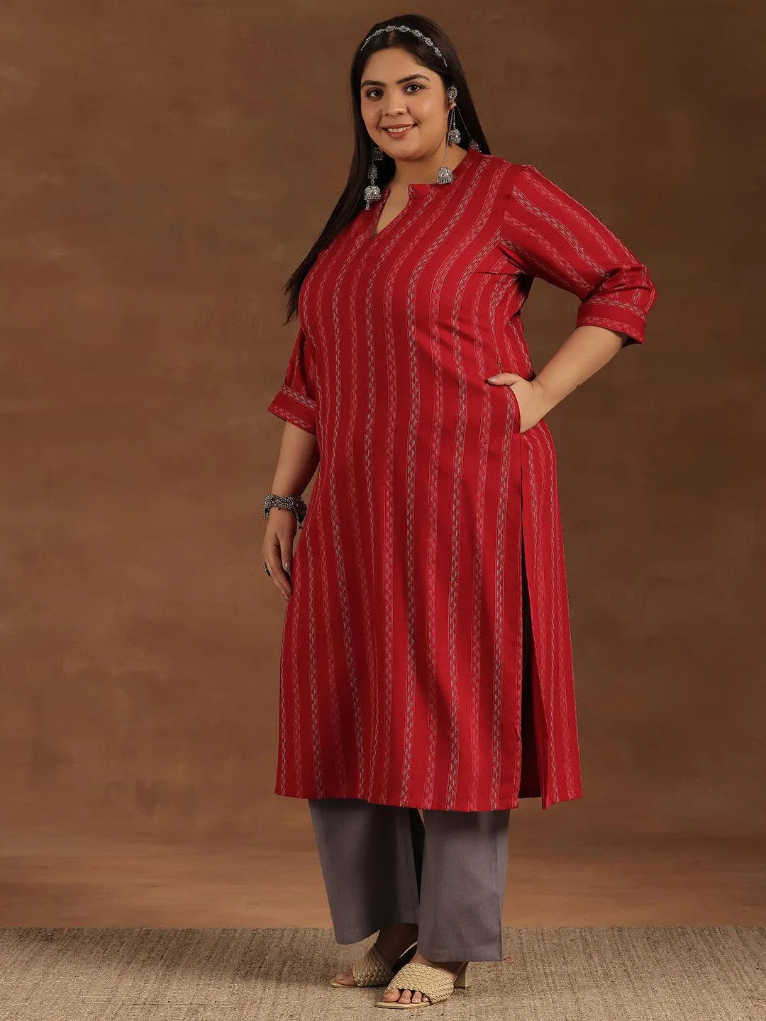 Plus Size Red Striped Rayon Straight Kurta - Libas 