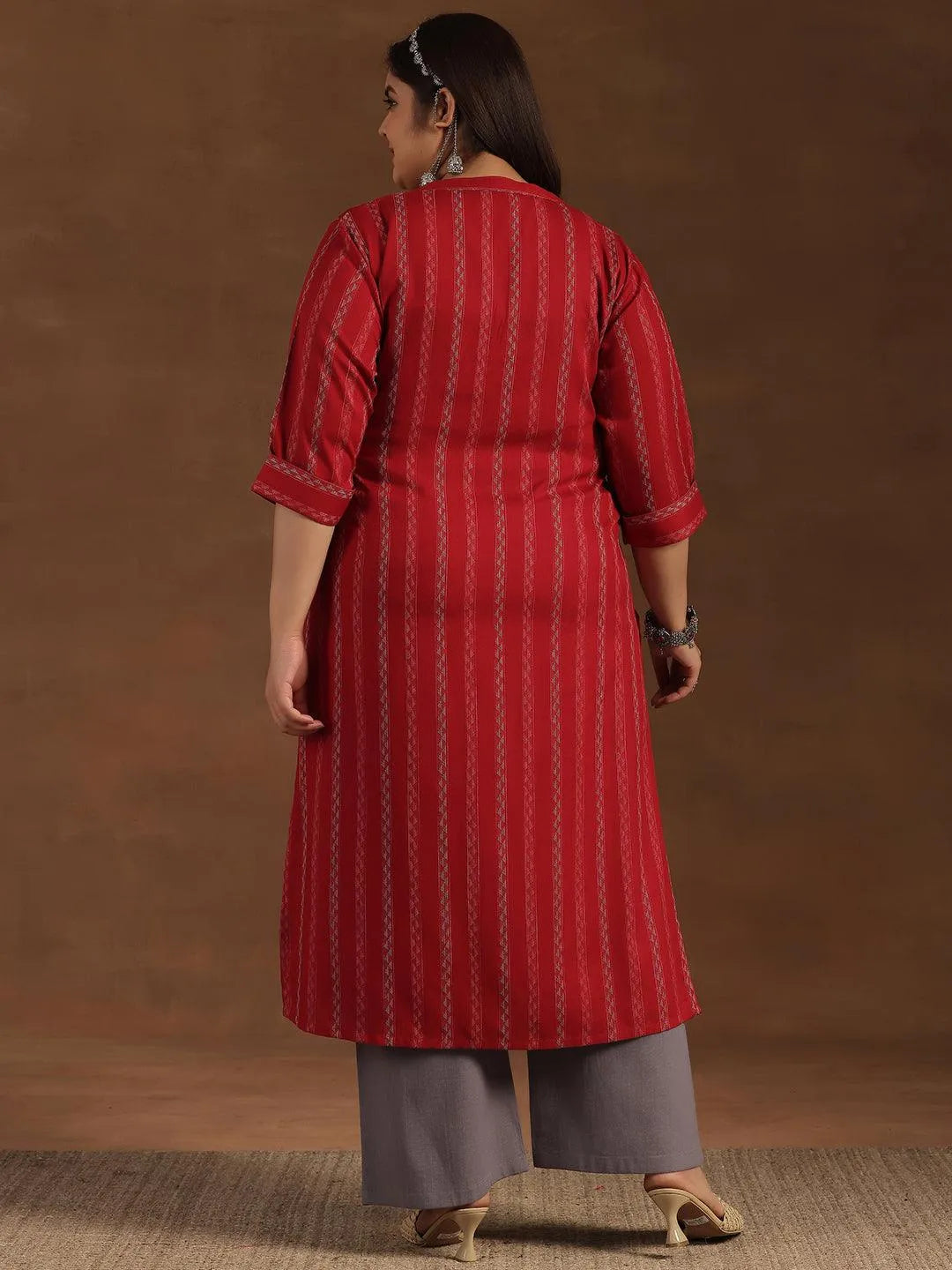 Plus Size Red Striped Rayon Straight Kurta - Libas 