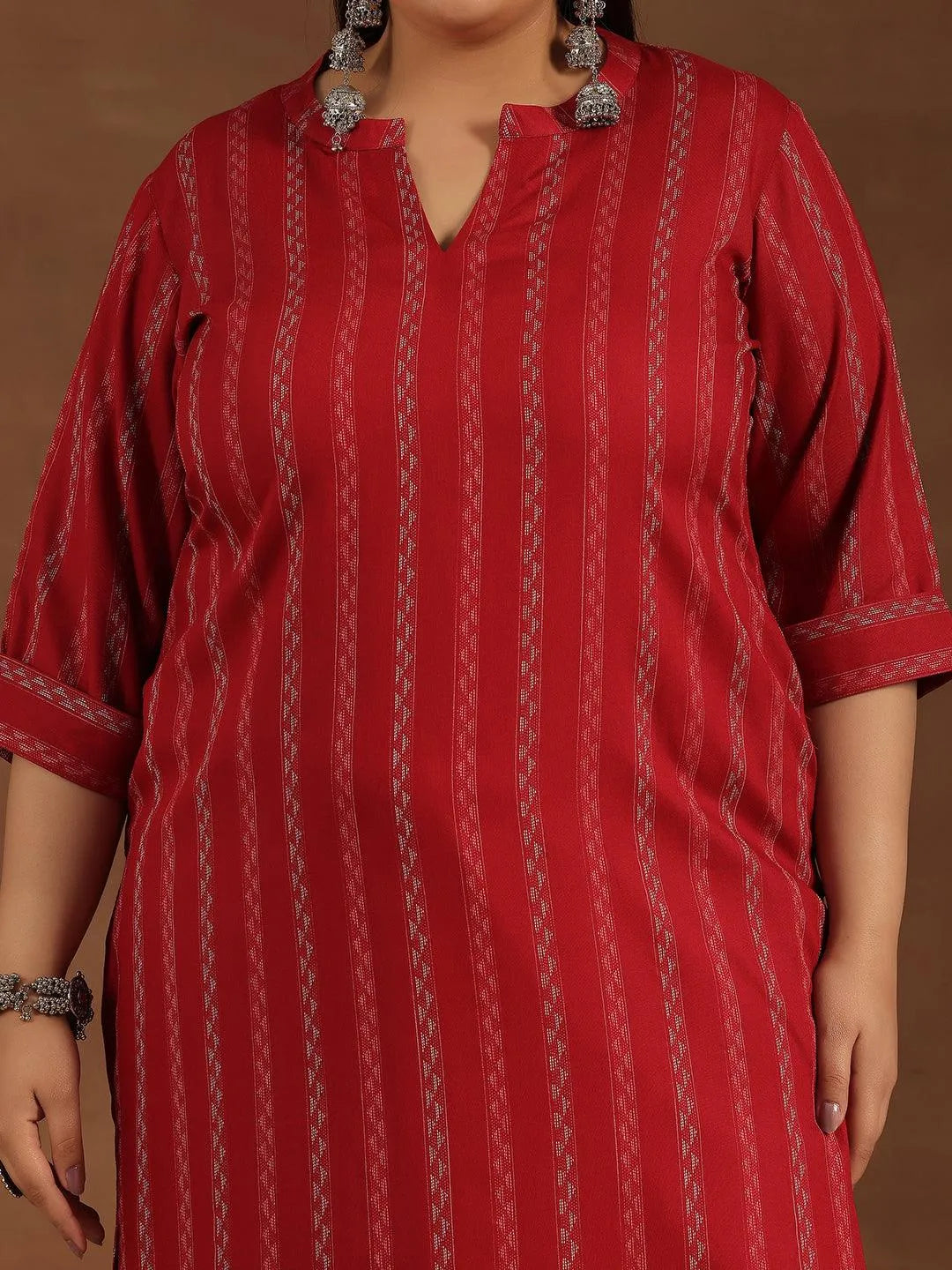 Plus Size Red Striped Rayon Straight Kurta - Libas 