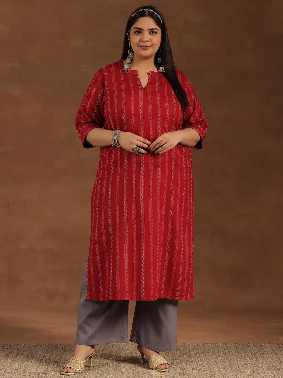 Plus Size Red Striped Rayon Straight Kurta - Libas 
