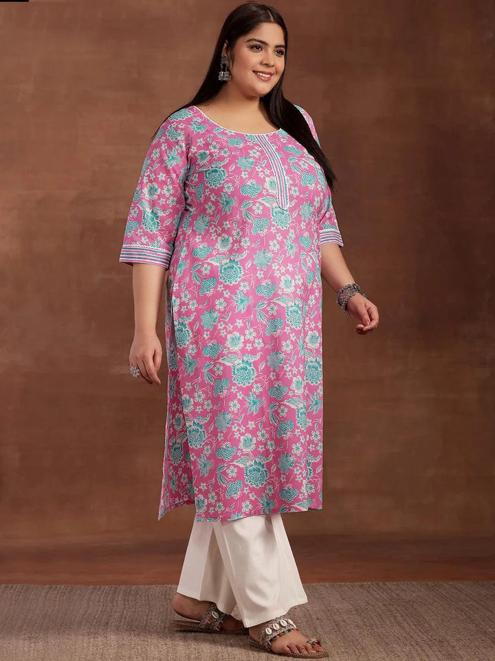 Plus Size Pink Printed Cotton Kurta - Libas