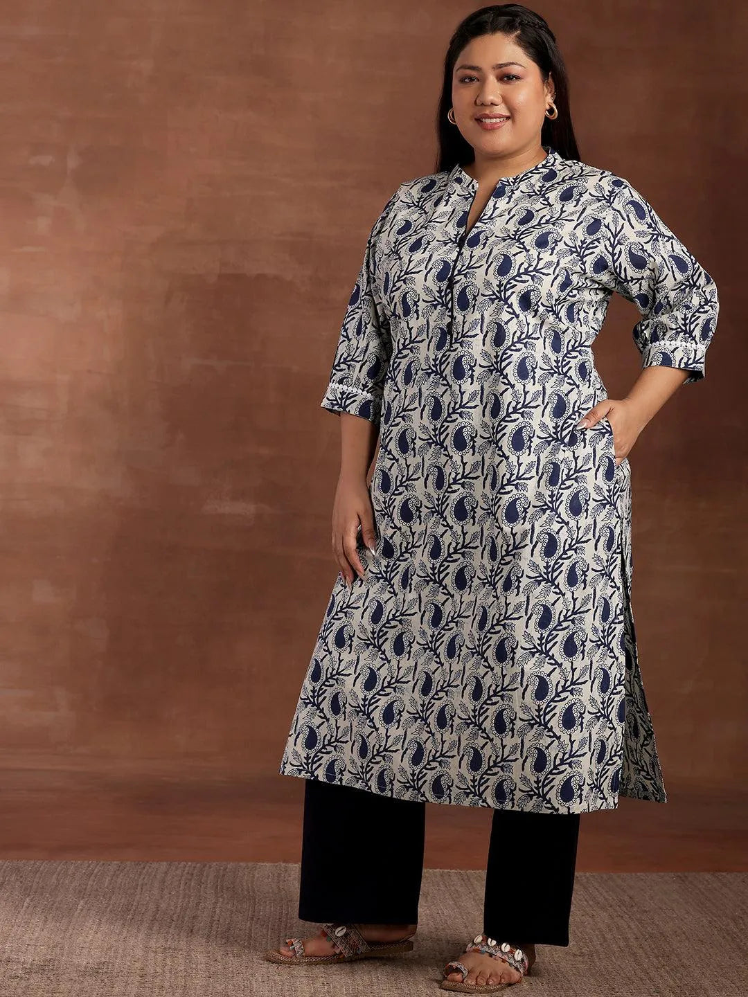 Plus Size Blue Printed Cotton Kurta - Libas 